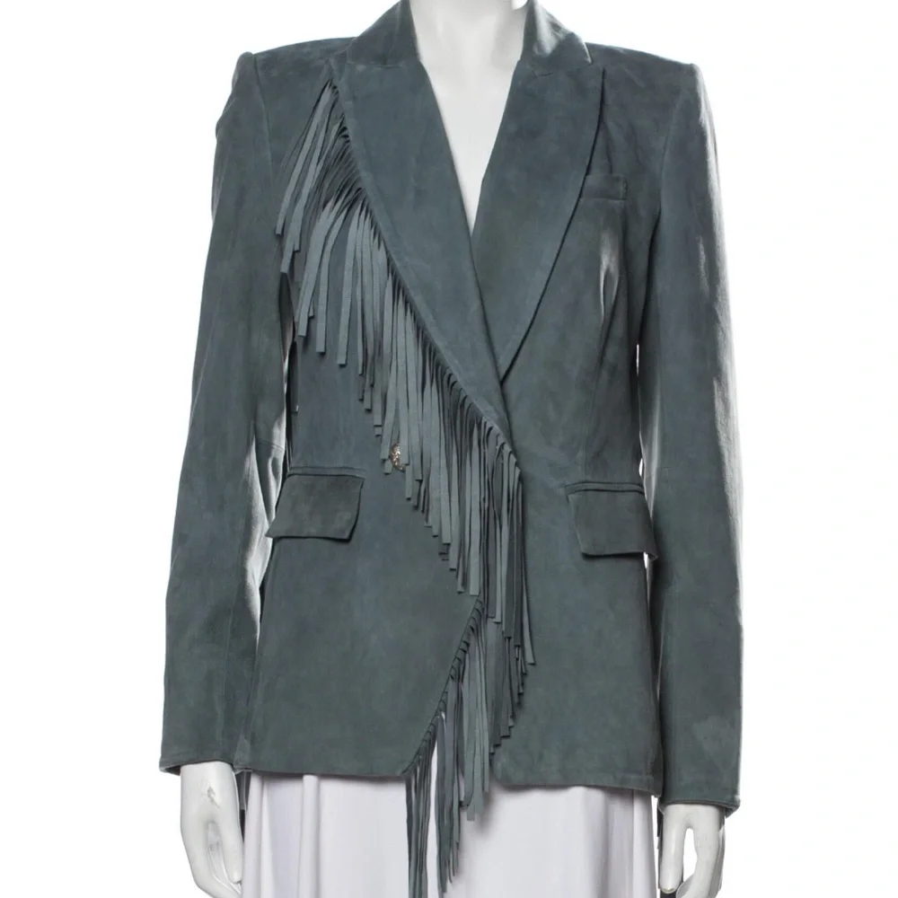 SOLD Veronica Beard XS Leather Suede Fringe Dickey Jacket Blazer Coat Green Grey - Picture 14 of 14